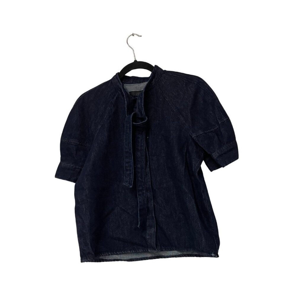 Zara Dark Denim Short Sleeve Tie-Neck Blouse - Picture 2 of 16